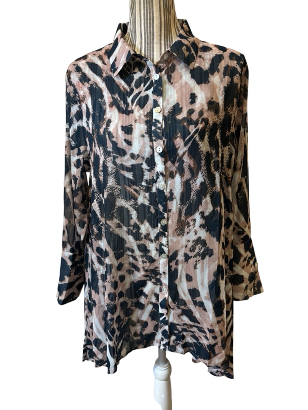 NWT WynneLayers Blouse Chiffon Leopard Animal Print High-Low Black Brown Sheer